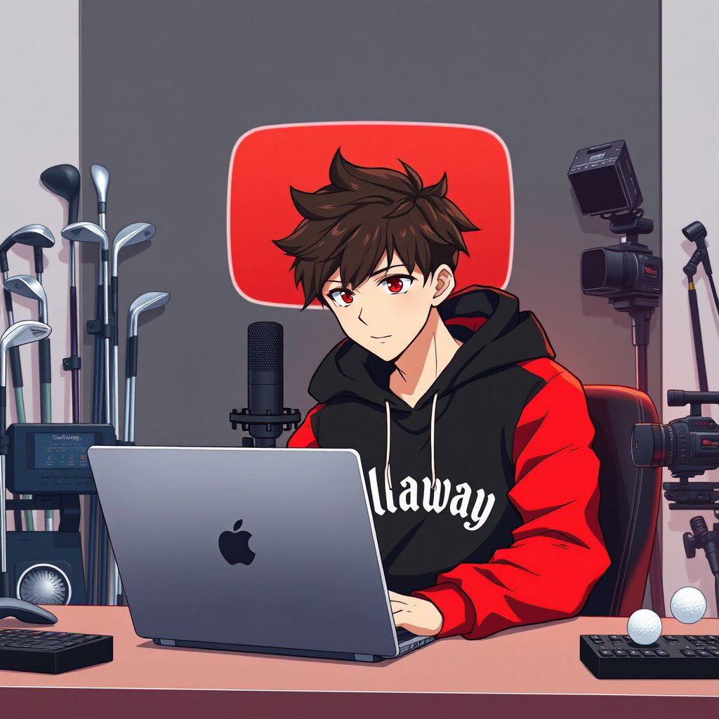 A stylish 18-year-old anime boy sitting in front of a computer desk, wearing a striking black and red hoodie emblazoned with the Channel Name 'Callaway'