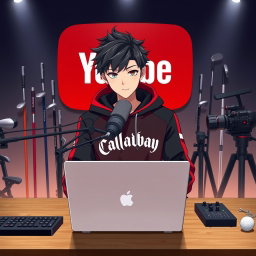 A stylish 18-year-old anime boy sitting in front of a computer desk, wearing a striking black and red hoodie emblazoned with the Channel Name 'Callaway'