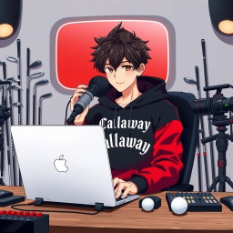 A stylish 18-year-old anime boy sitting in front of a computer desk, wearing a striking black and red hoodie emblazoned with the Channel Name 'Callaway'