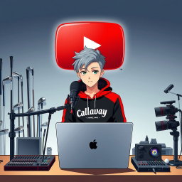 A stylish 18-year-old anime boy sitting in front of a computer desk, wearing a striking black and red hoodie emblazoned with the Channel Name 'Callaway'