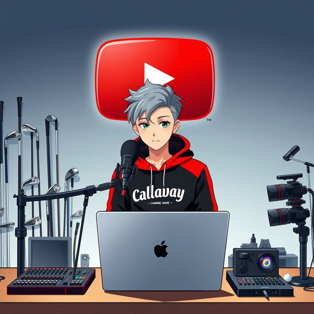 A stylish 18-year-old anime boy sitting in front of a computer desk, wearing a striking black and red hoodie emblazoned with the Channel Name 'Callaway'