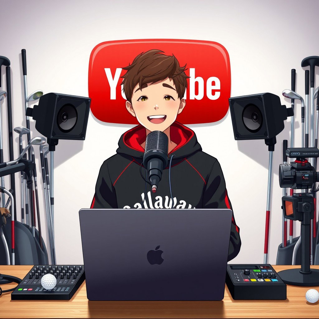 A cheerful 18-year-old anime boy smiling as he sits in front of a computer desk, wearing a stylish black and red hoodie featuring the Channel Name 'Callaway'