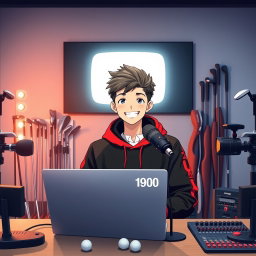 A cheerful 18-year-old anime boy smiling as he sits in front of a computer desk, wearing a stylish black and red hoodie featuring the Channel Name 'Callaway'