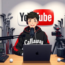 A cheerful 18-year-old anime boy smiling as he sits in front of a computer desk, wearing a stylish black and red hoodie featuring the Channel Name 'Callaway'