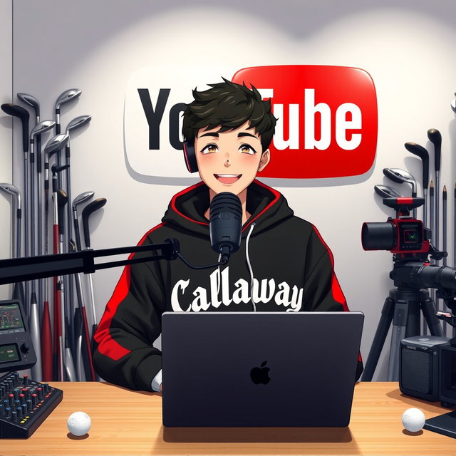 A cheerful 18-year-old anime boy smiling as he sits in front of a computer desk, wearing a stylish black and red hoodie featuring the Channel Name 'Callaway'
