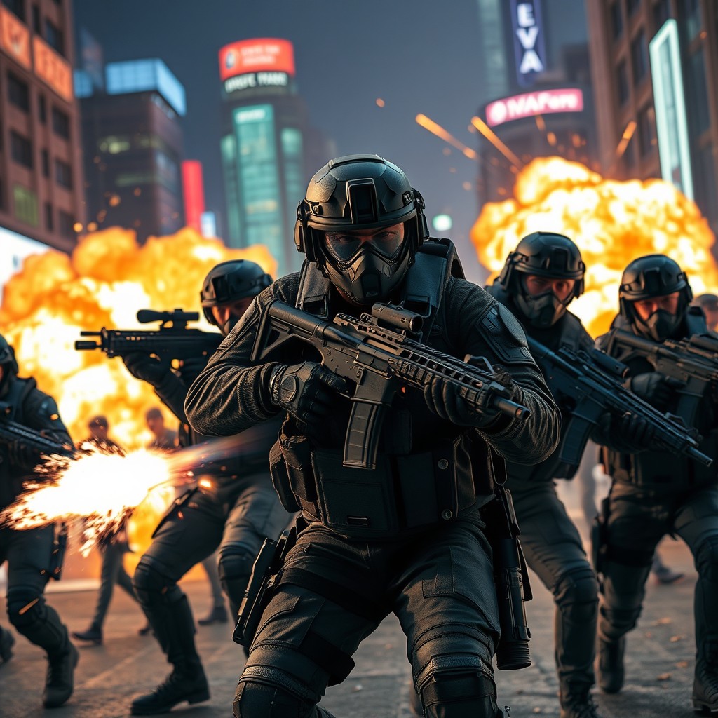 A dynamic and intense scene featuring elite special forces operatives in action, showcasing modern military gear and advanced weaponry