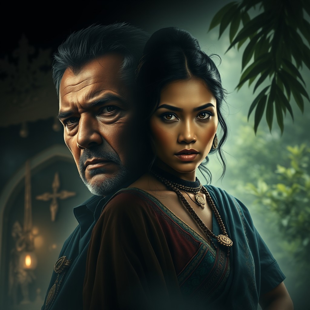 A dramatic scene illustrating the intense story of Henzo Alvares, a powerful man with a coldhearted demeanor, embodying a ruthless businessman surrounded by symbols of wealth and power, contrasted sharply with Yuna, a beautiful indigenous woman dressed in traditional attire, her eyes reflecting her ancestral heritage, set against a backdrop of lush nature that represents her simple life in a small town