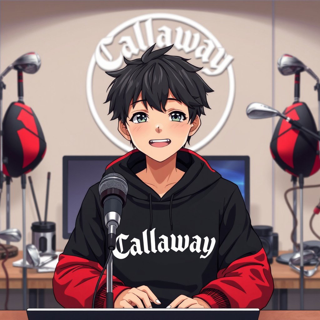 A smiling 18-year-old anime boy wearing a black and red hoodie with the Channel Name 'Callaway' prominently displayed on it, sitting in front of a computer desk