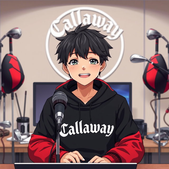 A smiling 18-year-old anime boy wearing a black and red hoodie with the Channel Name 'Callaway' prominently displayed on it, sitting in front of a computer desk