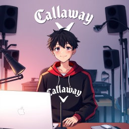 A smiling 18-year-old anime boy wearing a black and red hoodie with the Channel Name 'Callaway' prominently displayed on it, sitting in front of a computer desk