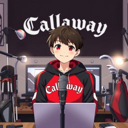 A smiling 18-year-old anime boy wearing a black and red hoodie with the Channel Name 'Callaway' prominently displayed on it, sitting in front of a computer desk