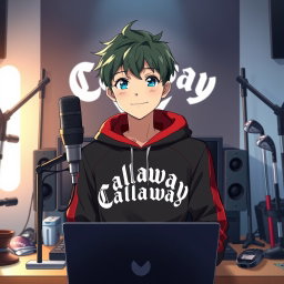 A smiling 18-year-old anime boy wearing a black and red hoodie with the Channel Name 'Callaway' prominently displayed on it, sitting in front of a computer desk