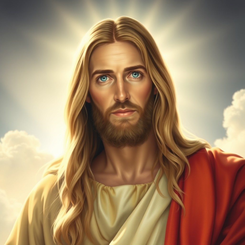 A serene and majestic depiction of Jesus Christ, featuring striking blue eyes and long, flowing blonde hair
