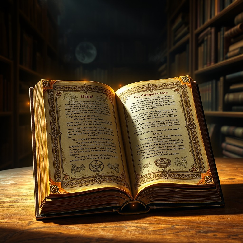 An ancient, ornate holy magic book with a golden cover, intricately designed with celestial patterns and symbols