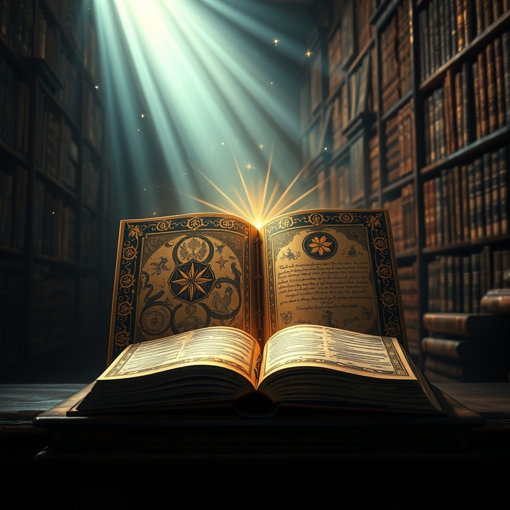 An enchanting magic book radiating a divine holy light, with an ornate cover featuring celestial symbols and intricate gold embossing