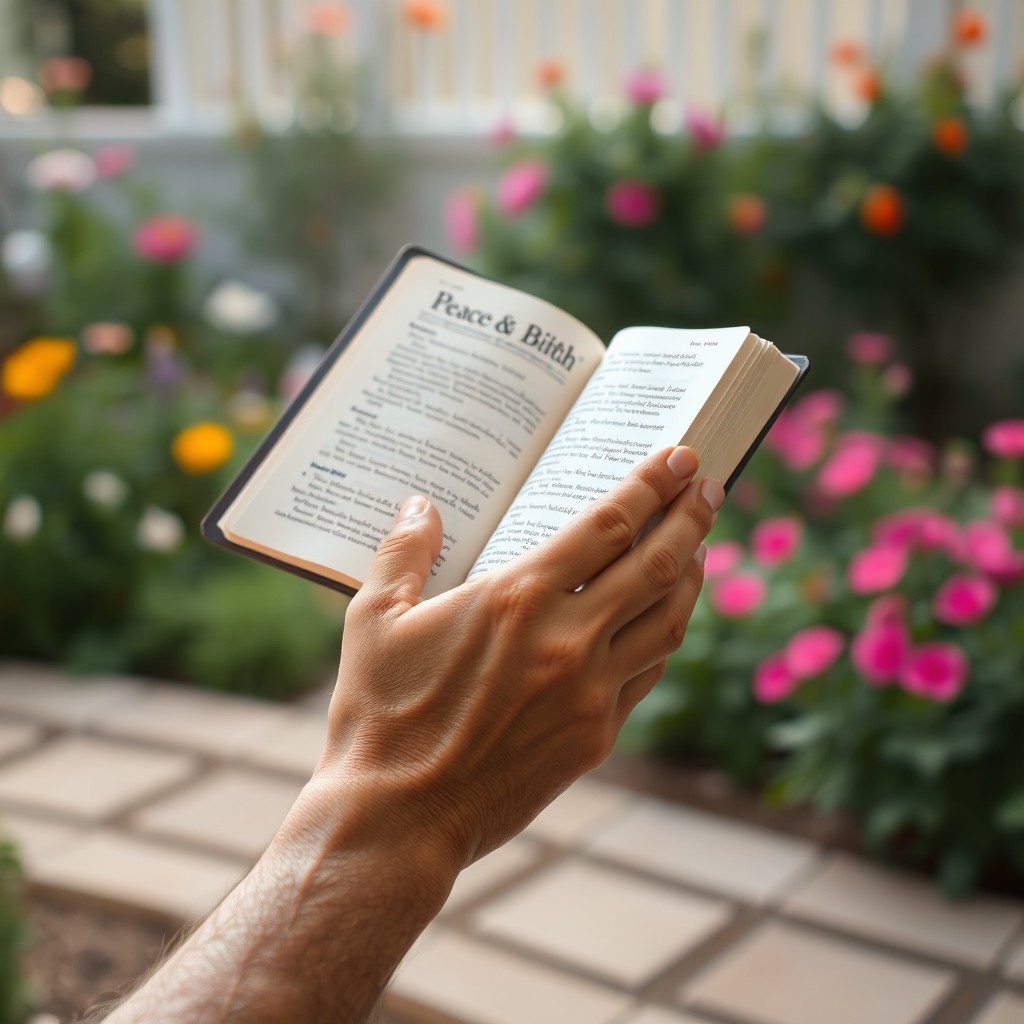A serene and contemplative scene depicting a person's hand gently holding an open Bible in a soft, natural light