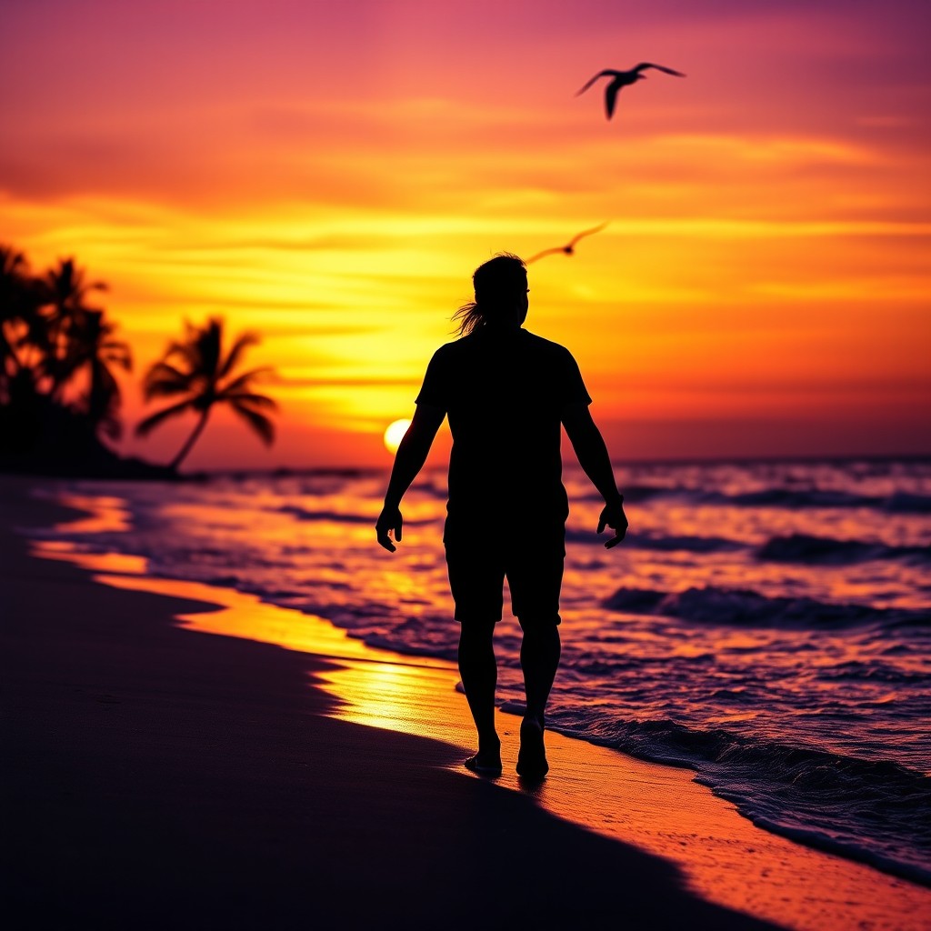 A captivating sunset scene on a beach, showcasing the vibrant colors of the sky transitioning from orange to deep purple