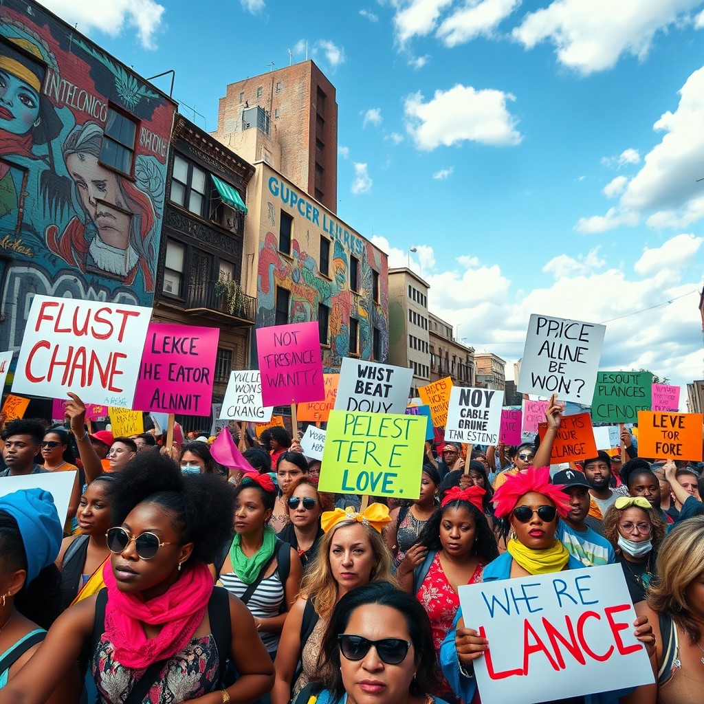 A powerful and vibrant protest scene in an urban setting, showcasing a diverse crowd of people holding colorful signs advocating for social change