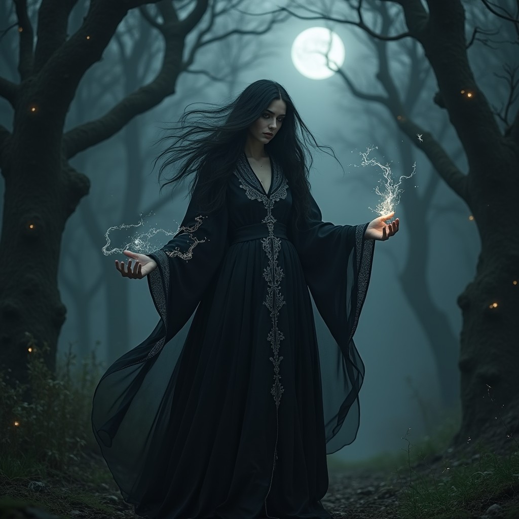 A mysterious shadow witch standing in a dark, enchanted forest