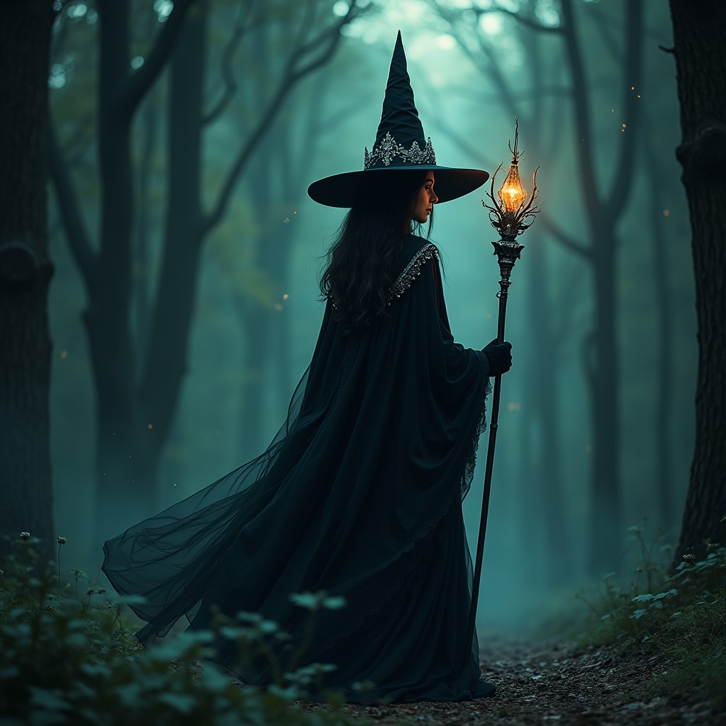 A shadow witch standing confidently in a mystical, shadowy forest at twilight