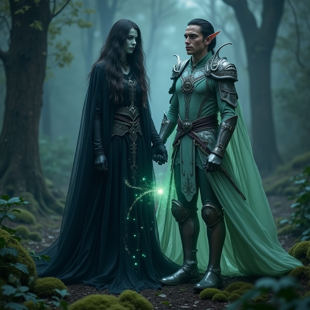 A captivating shadow witch and an elegant elf standing side by side in a mystical, twilight forest
