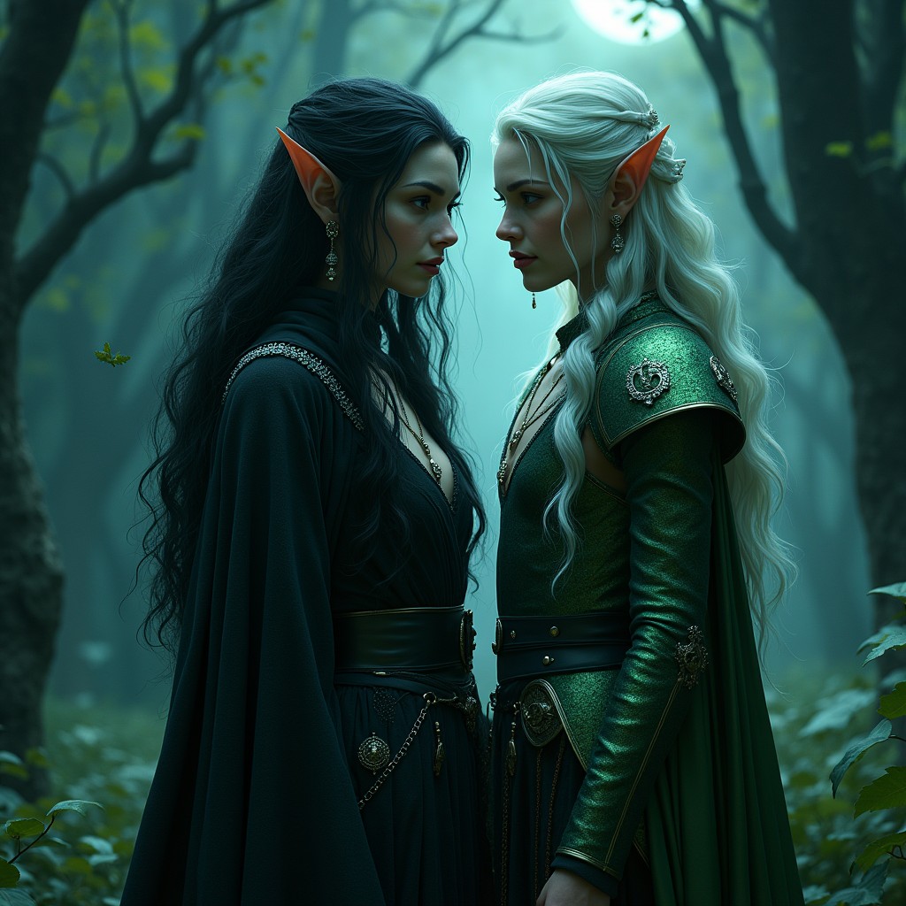 A shadow witch and an ethereal elf standing together in a mysterious, moonlit forest