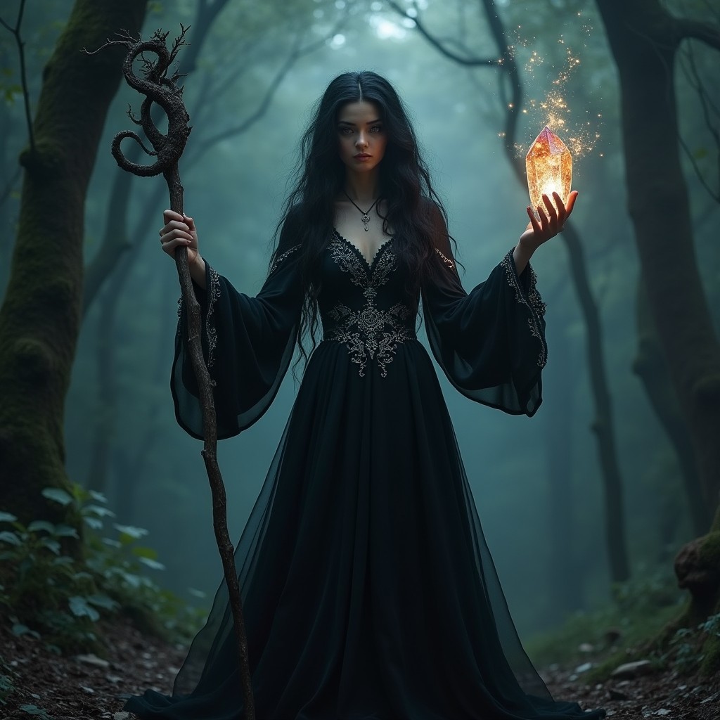 An enchanting shadow witch standing alone in a mystical, dimly lit forest