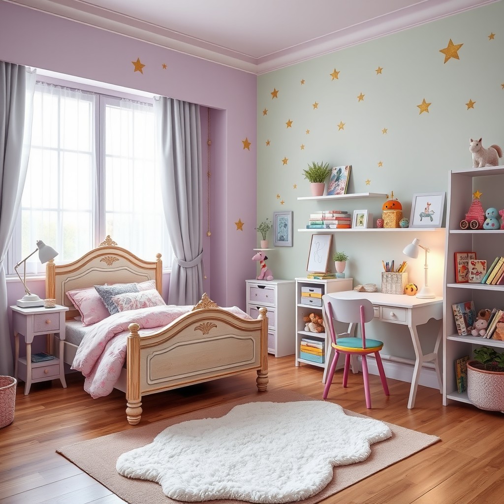 A beautifully designed children's bedroom for a young girl, featuring a whimsical fairy tale theme
