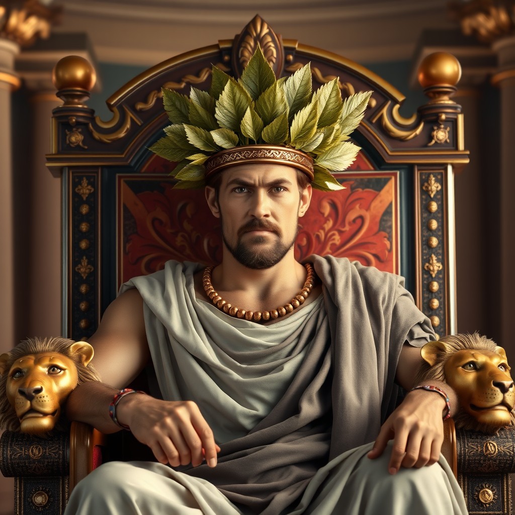 A powerful Roman Caesar-like man sitting majestically on a grand throne with lion armrests