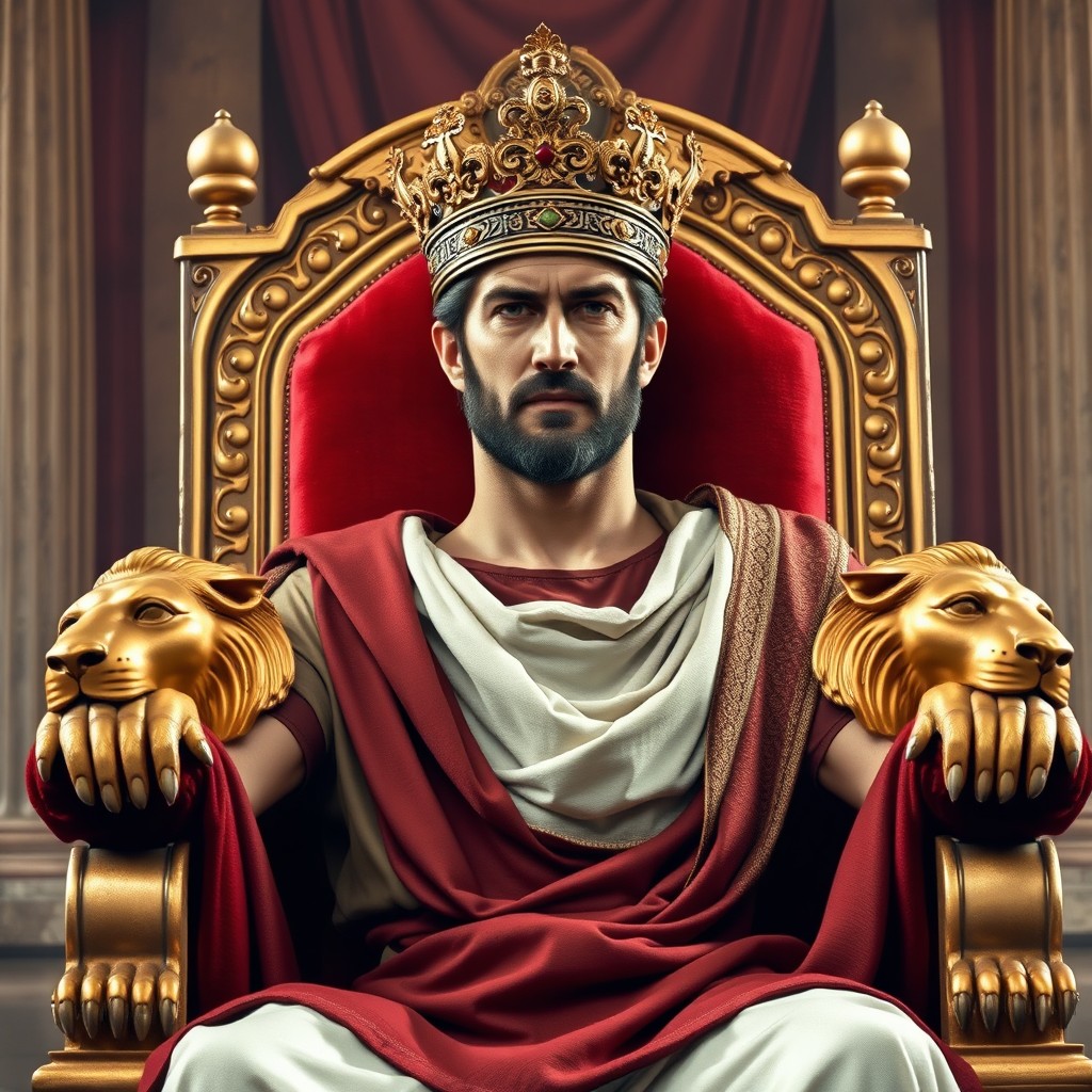 A commanding Roman Caesar-like man seated on a grand throne with majestic lion armrests