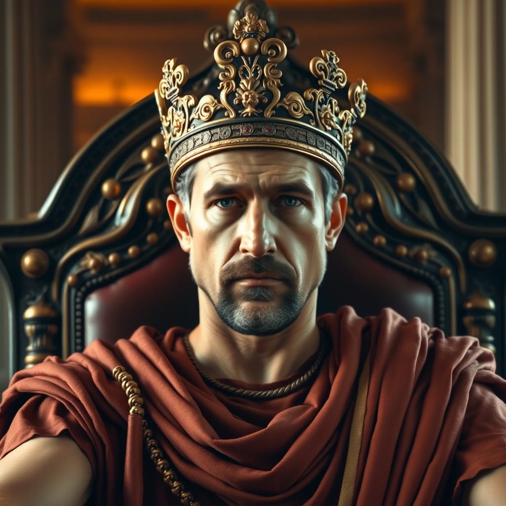 A dignified Roman Caesar-like man seated on an ornate throne