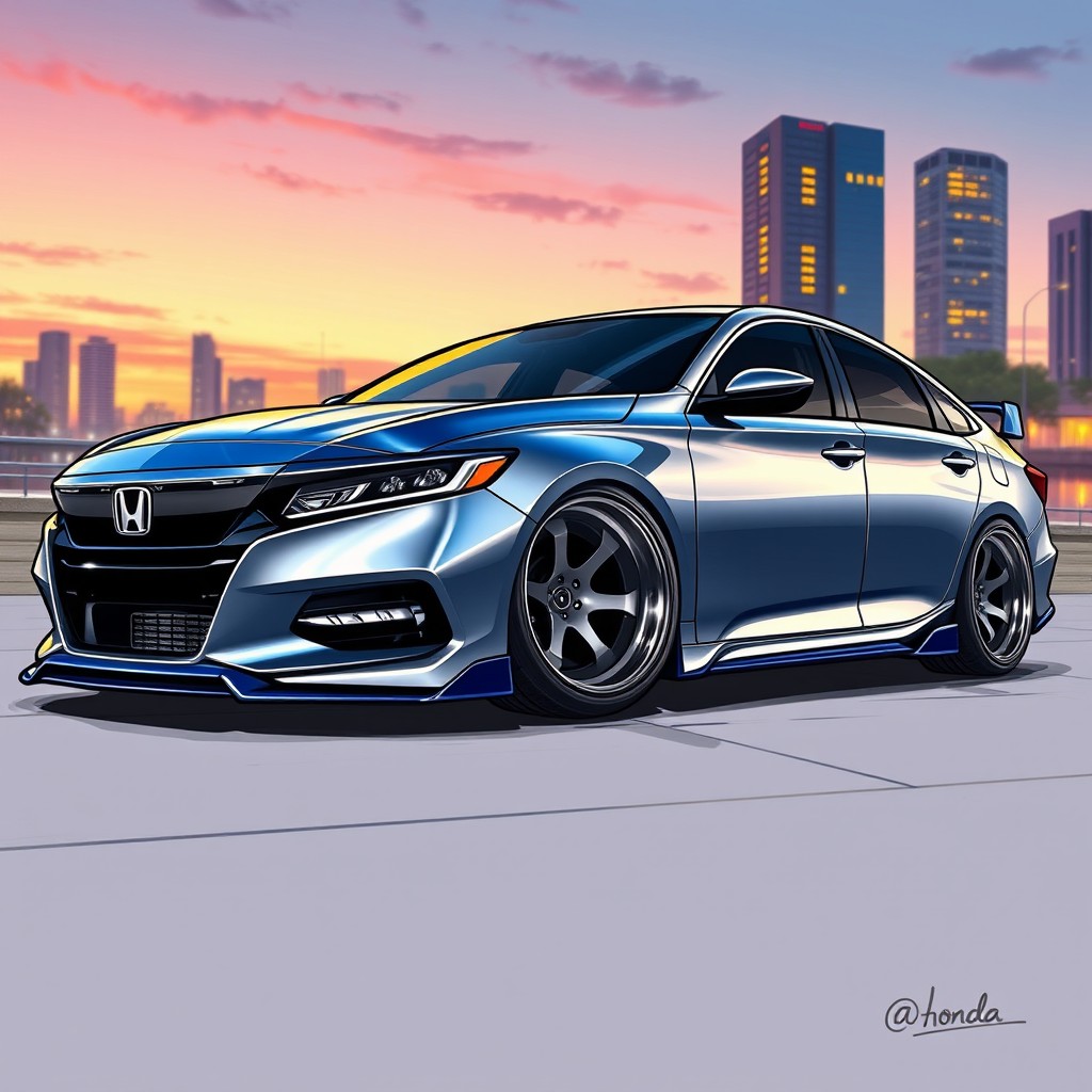 A vibrant and dynamic illustration of a customized Honda Accord, featuring a sleek, aerodynamic design with a glossy finish