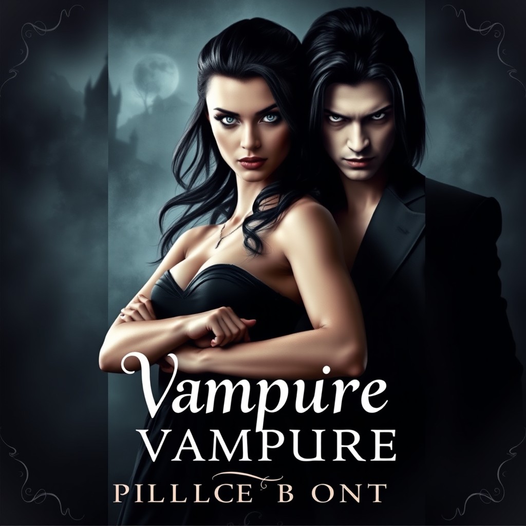 A captivating book cover design featuring a powerful, strong human woman standing confidently next to a mysterious vampire