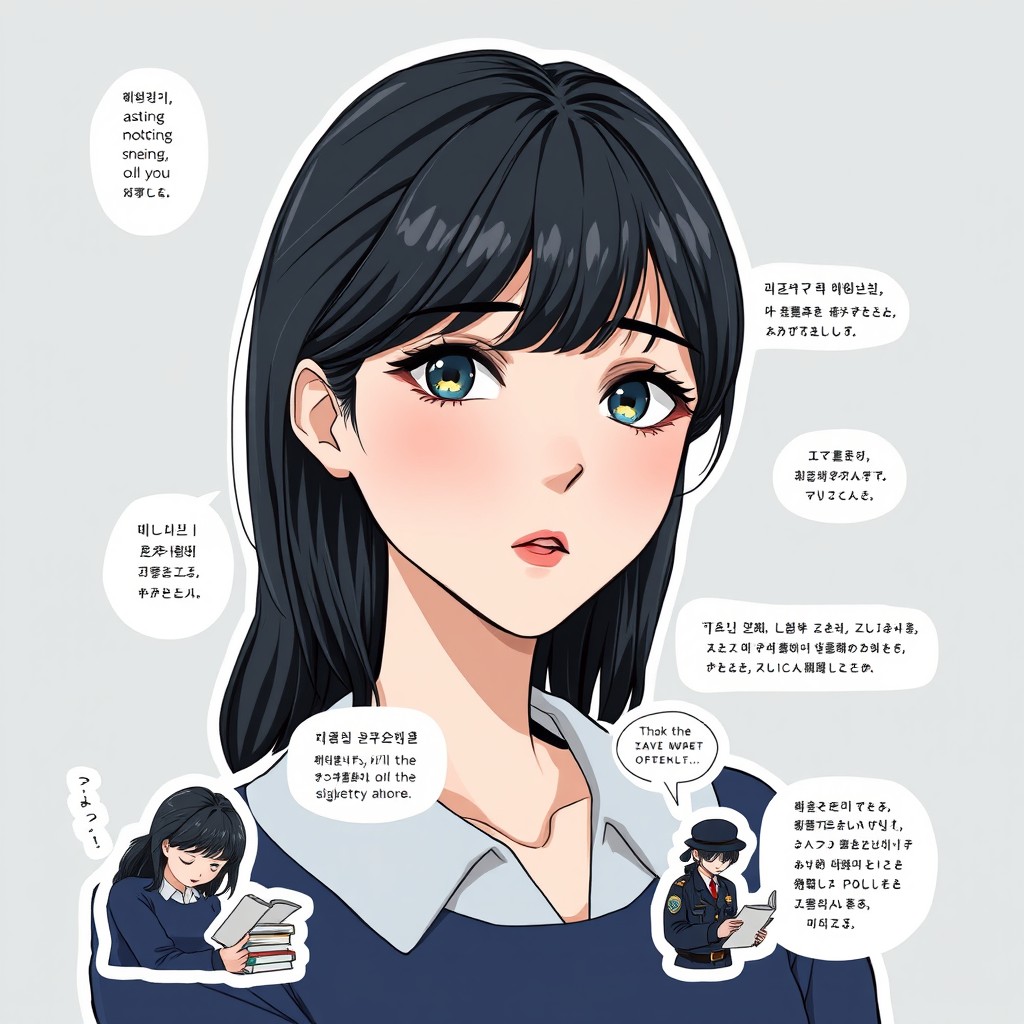 Aesthetic digital manhwa art of a dark-haired girl with gray-blue eyes and pale skin, depicted in a beautiful style with a white outline