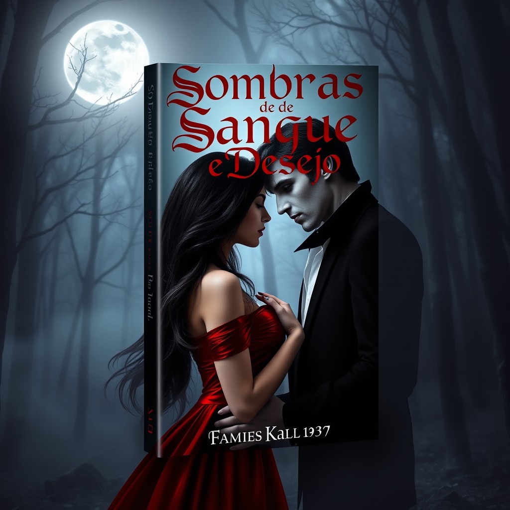 A captivating book cover design for a romance novel titled 'Sombras de Sangue e Desejo' (Shadows of Blood and Desire) featuring an elegant human woman and a brooding vampire