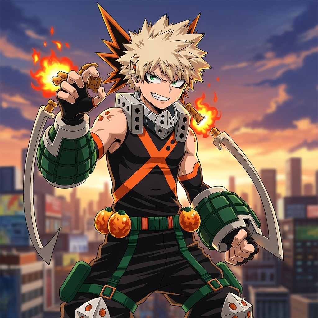 A dynamic male character designed in the My Hero Academia anime style, inspired by Bakugo