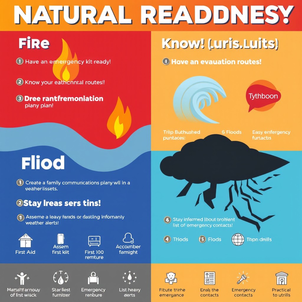 A vibrant and informative safety poster illustrating readiness for natural disasters including fire, earthquake, flood, and typhoon