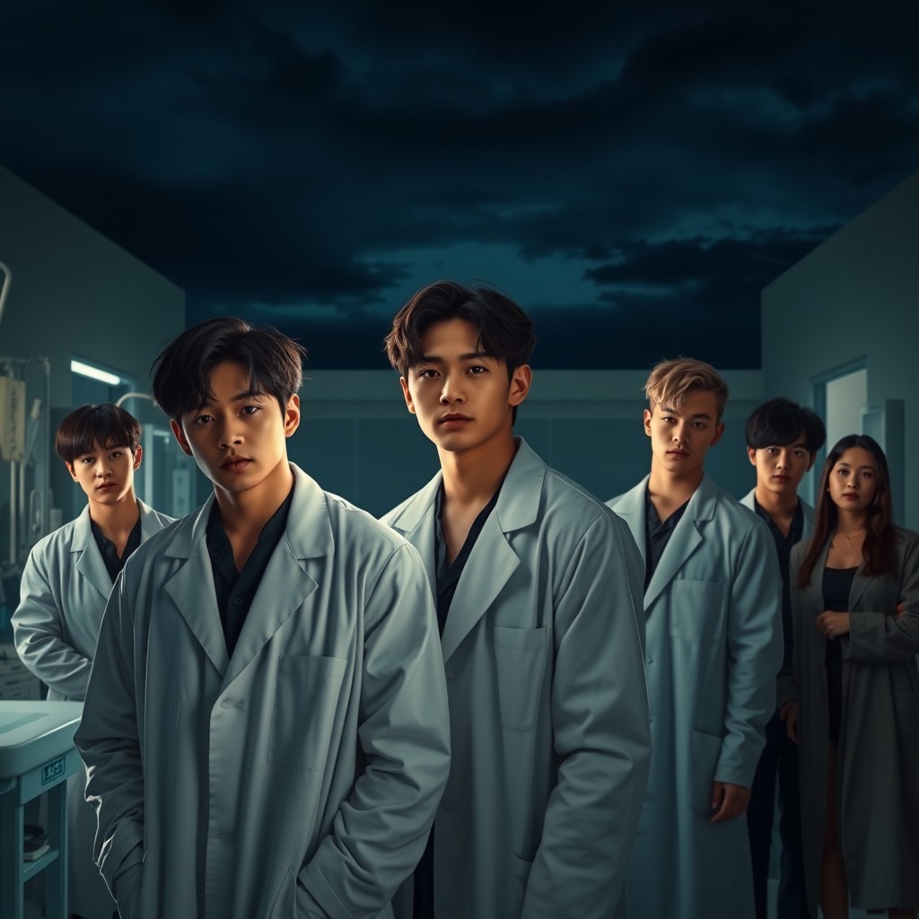 A dramatic and romantic scene featuring the main characters in the foreground wearing lab coats, exuding a sense of urgency and determination