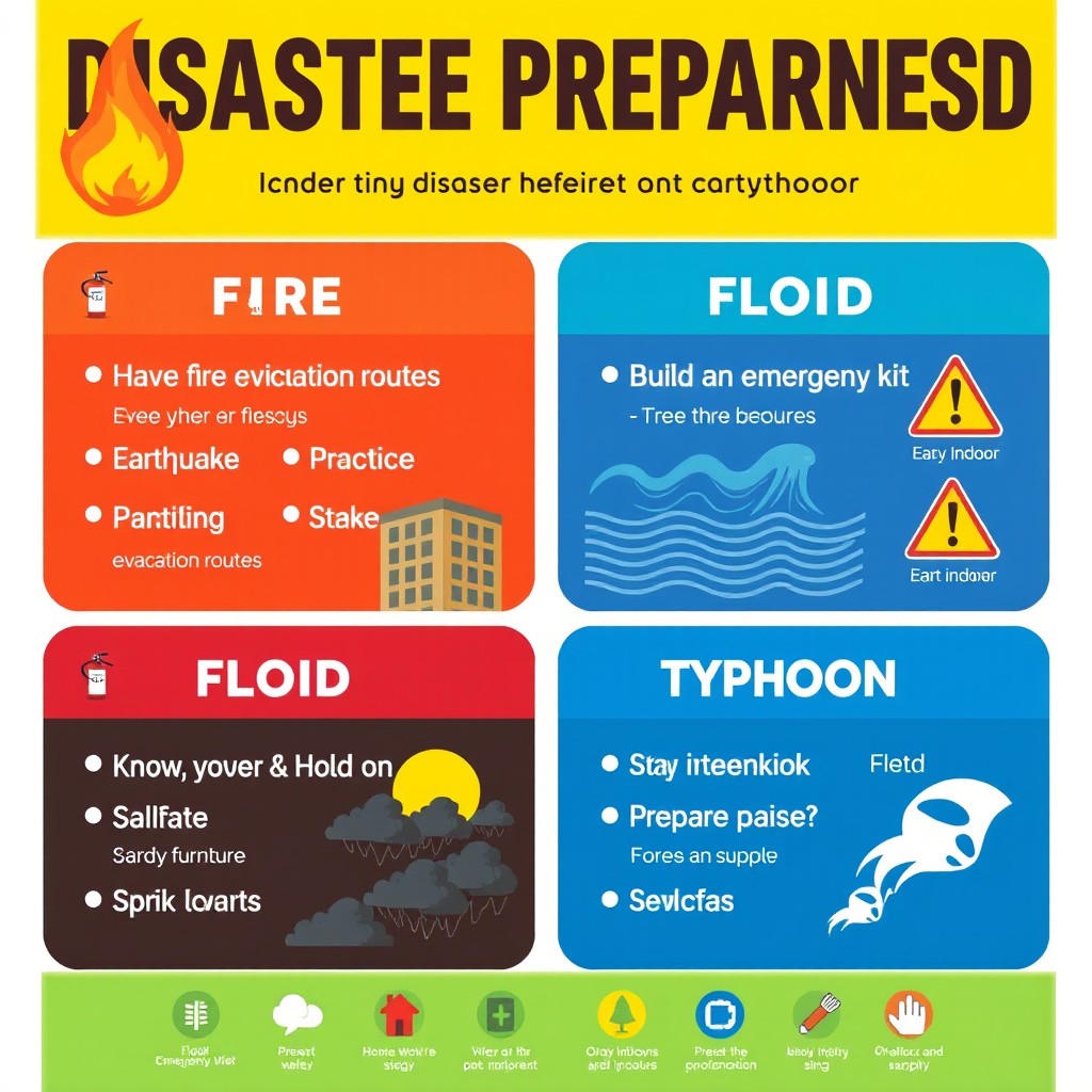 A vibrant and informative disaster preparedness poster showcasing the essential steps for being ready in case of fire, earthquake, flood, or typhoon