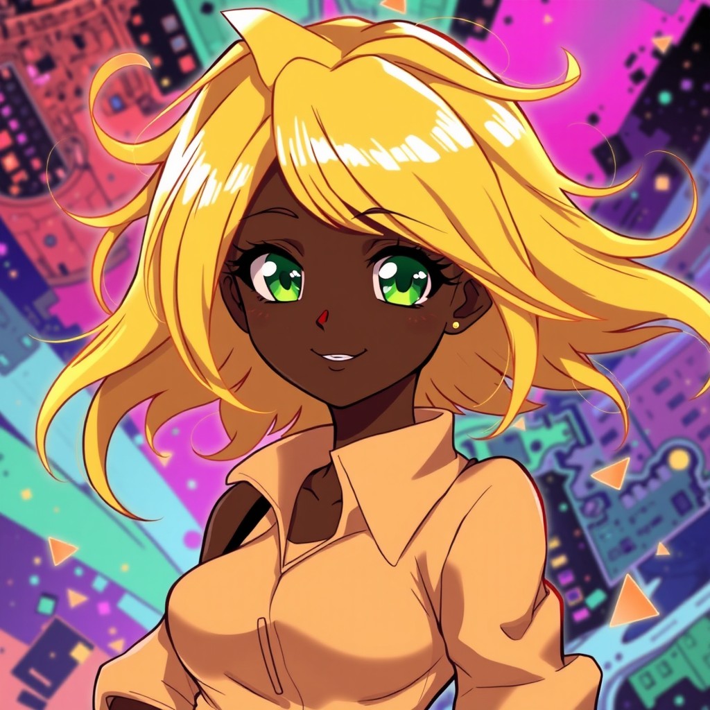 An anime-style character of a black girl with striking gold hair that flows elegantly, vibrant green eyes that sparkle with personality, and dark brown lips that add depth to her smile