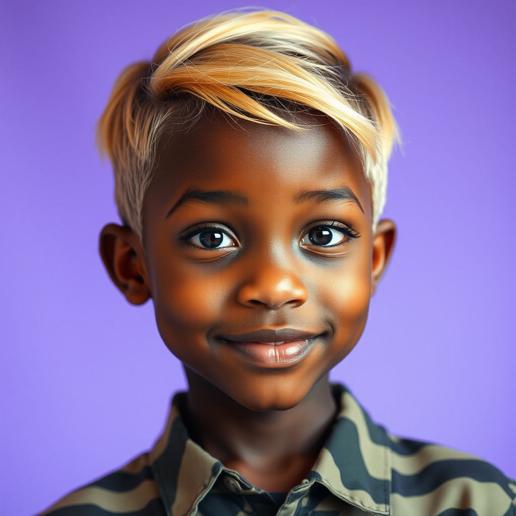 A portrait of a black girl with short, stylish gold hair and captivating black eyes, wearing a trendy camouflage shirt