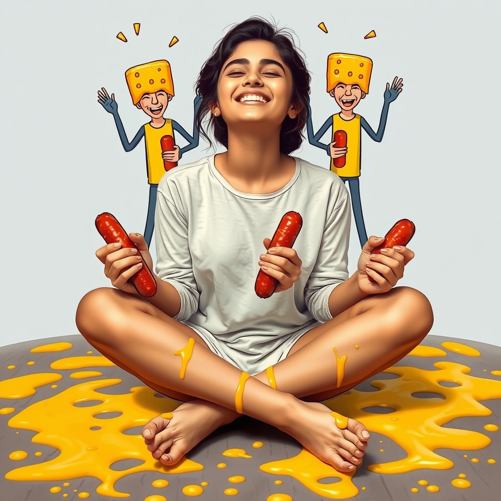 A hot Pakistani girl, 18 years old, sitting criss-cross on the ground with a joyful smile, her eyes closed in bliss