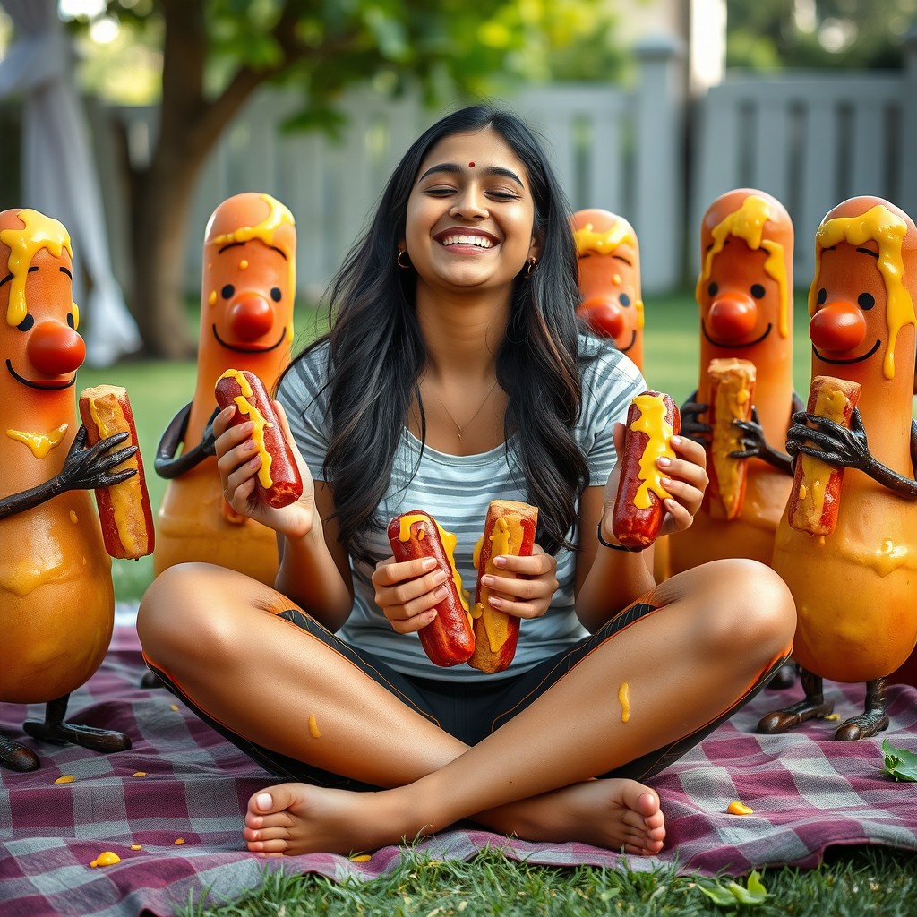 A young Pakistani woman, 18 years old, sitting cross-legged and smiling with her eyes closed, surrounded by whimsical characters with kielbasa-shaped heads