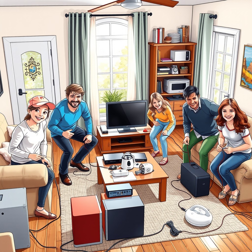 A dynamic scene depicting a group of people carefully unplugging various electrical appliances and devices in a tidy living room setting