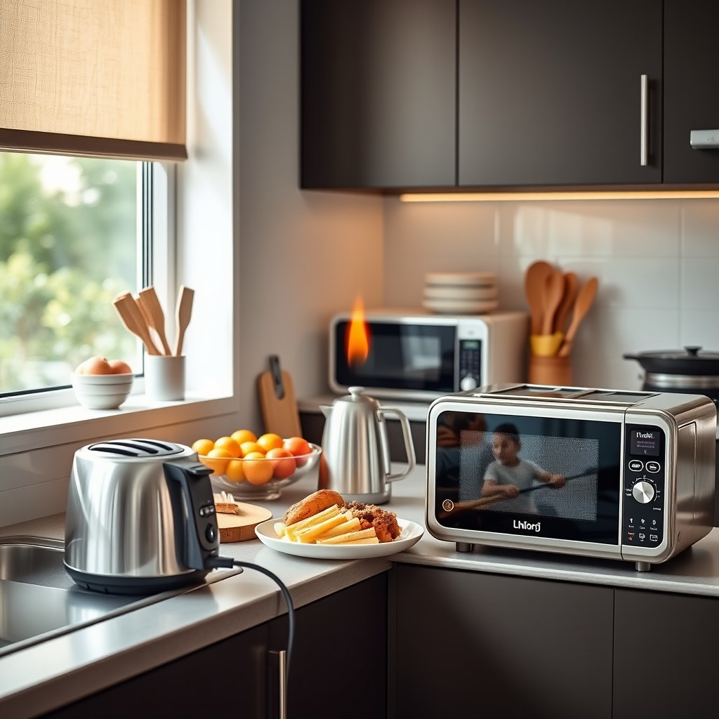 A visually striking image depicting a safety demonstration in a modern kitchen setting