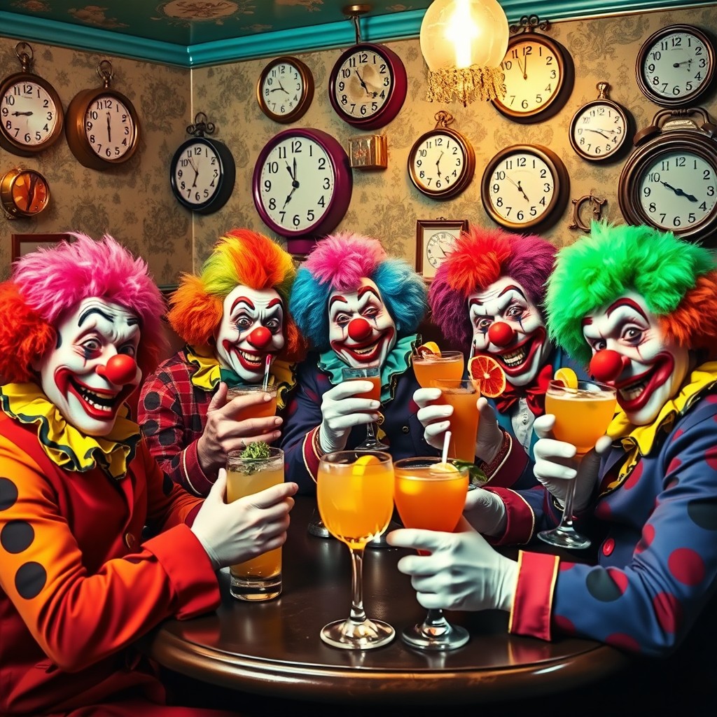 A whimsical scene of clowns enjoying colorful cocktails in a retro bar, featuring vibrant decor and a warm atmosphere