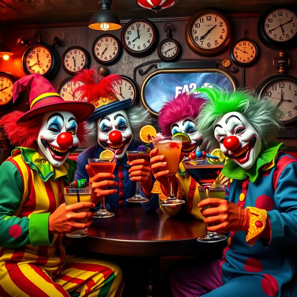 A whimsical scene featuring four clowns enjoying colorful cocktails in a retro bar