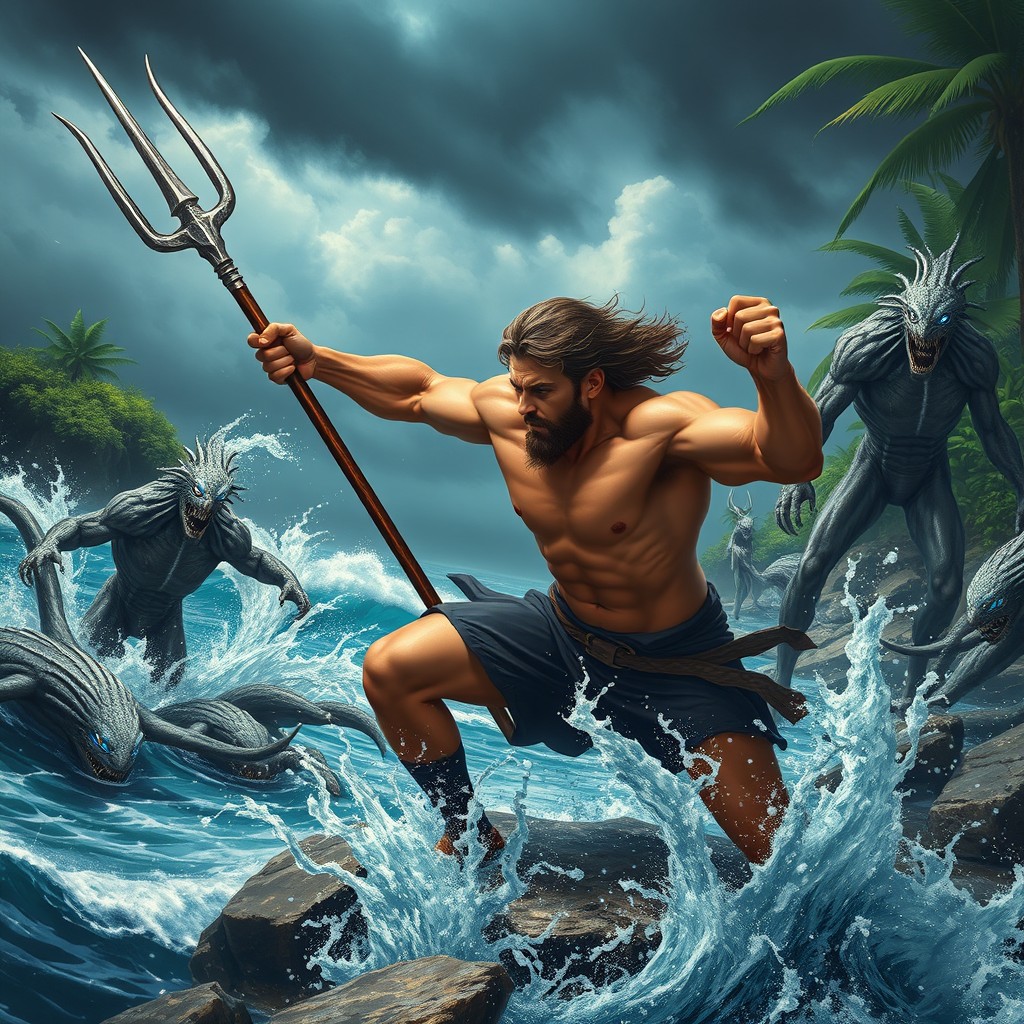 A brave man wielding a trident, fiercely battling against humanoid aquatic creatures on a remote island