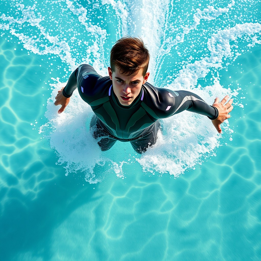 A young man wearing a sleek, futuristic black suit, swimming at high speed through clear, vibrant water