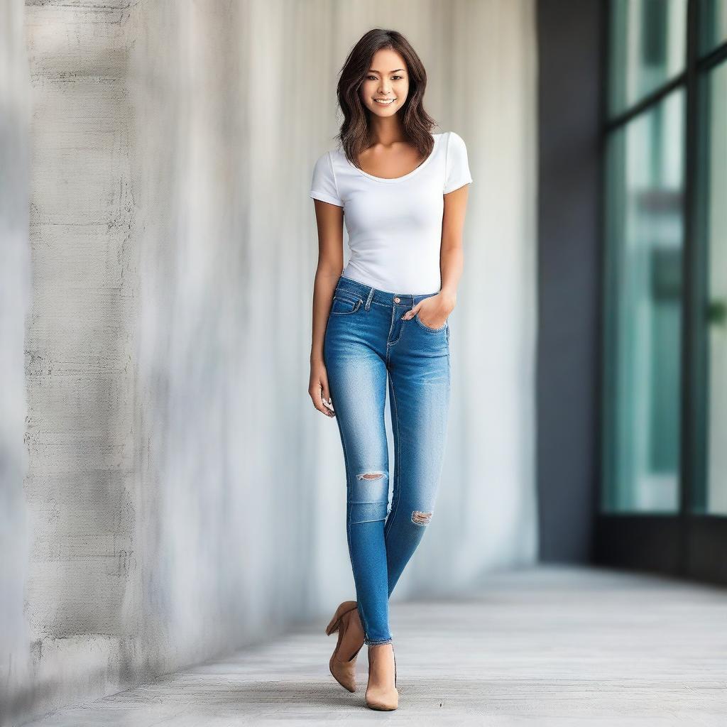 An image of a slender young lady clad in blue jeans